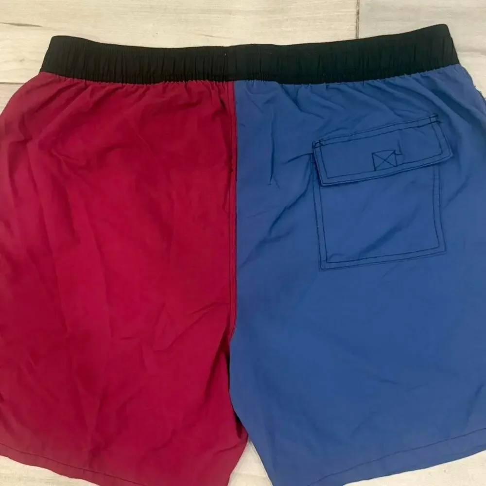 Colorblock Swim Shorts / Trunks Blue Burgundy Elastic Waist